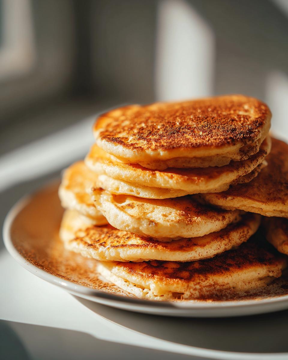 A stack of fluffy pumpkin pancakes dusted with cinnamon on a white plate.