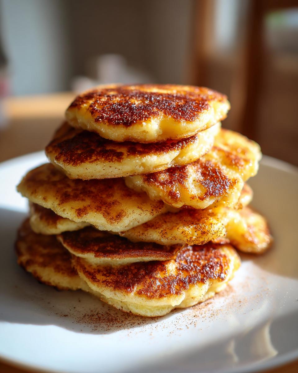 A tall stack of fluffy pumpkin pancakes, dusted with cinnamon, on a white plate.