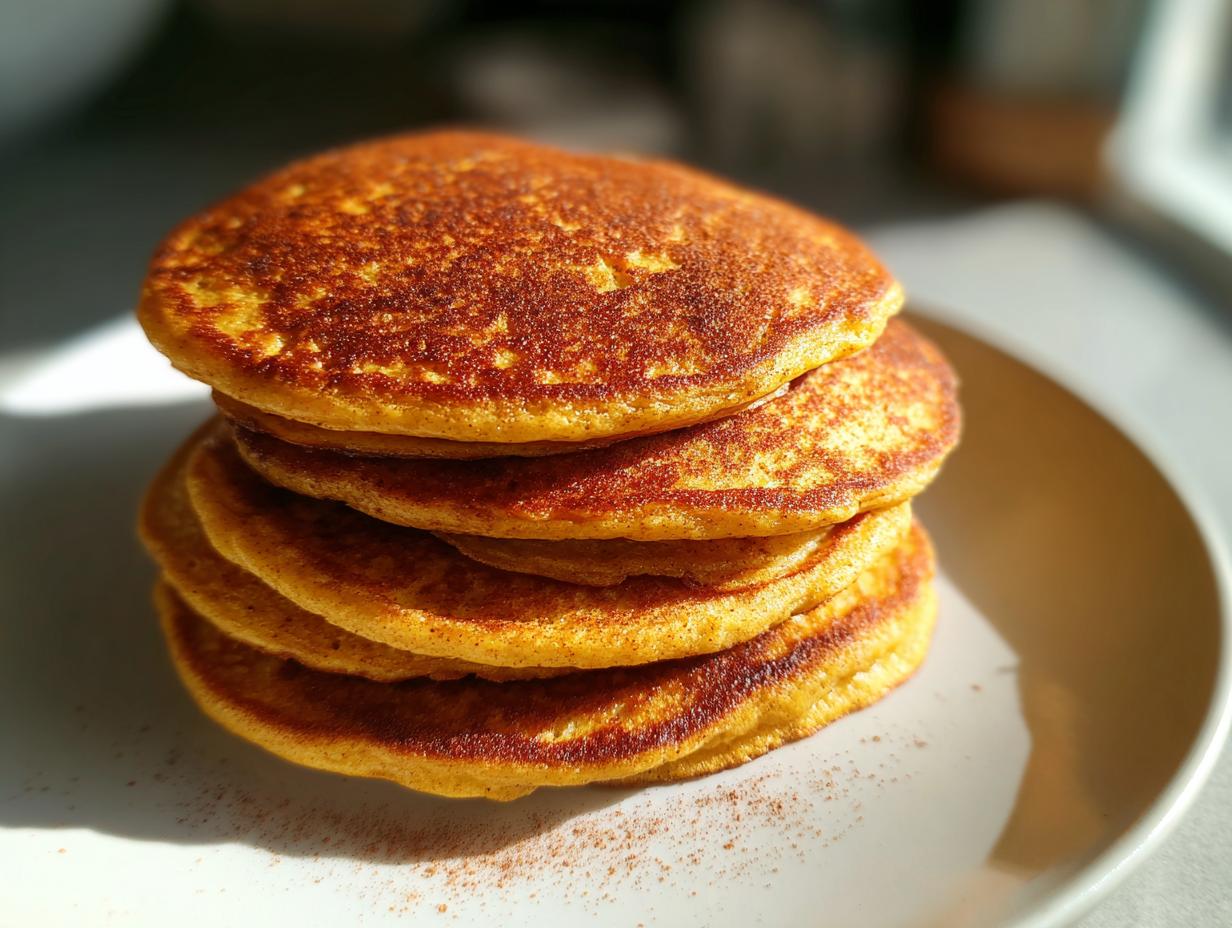 A stack of fluffy pumpkin pancakes dusted with cinnamon on a white plate.