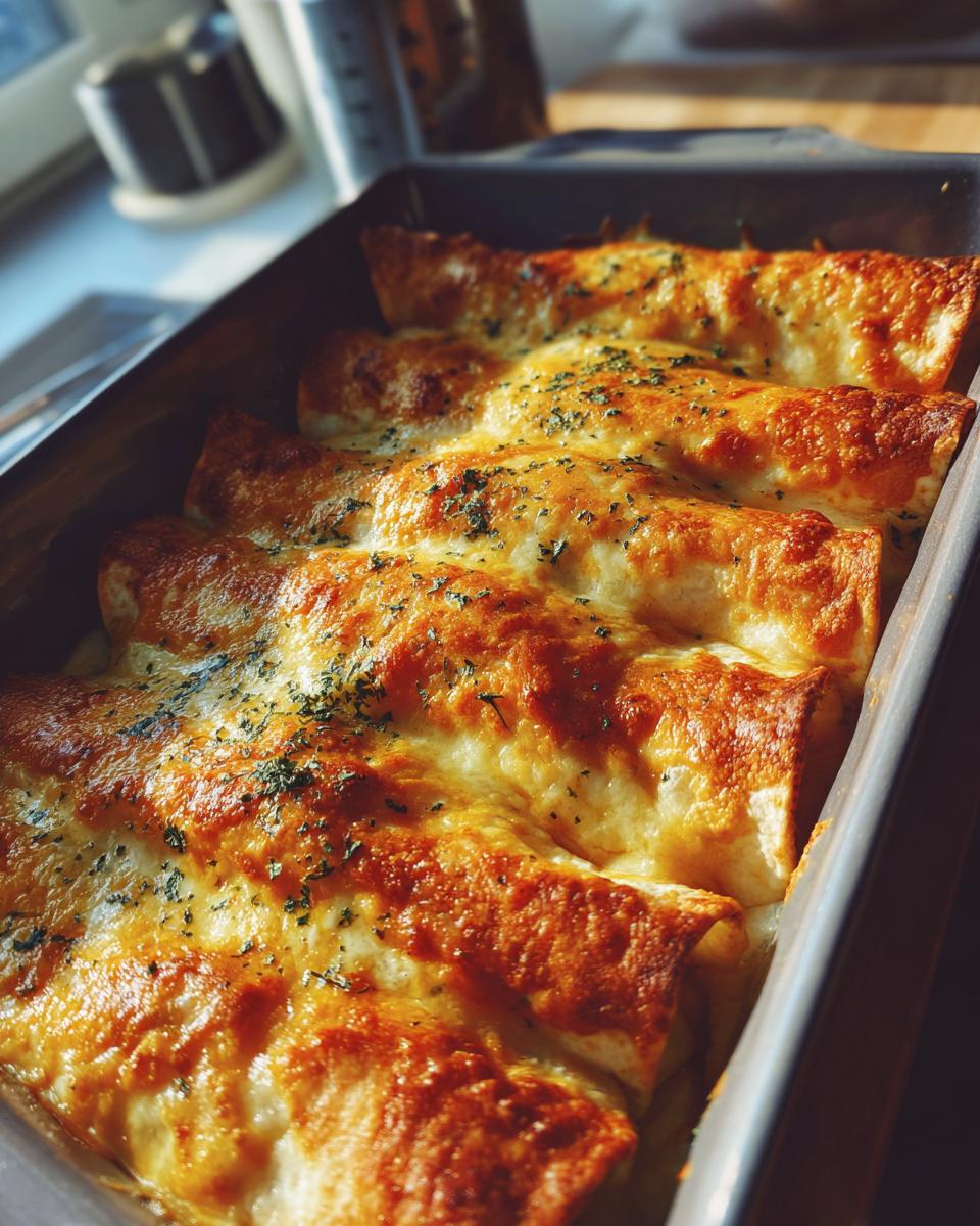 Close-up of golden-brown queso chicken enchiladas topped with melted cheese and herbs in a baking dish.