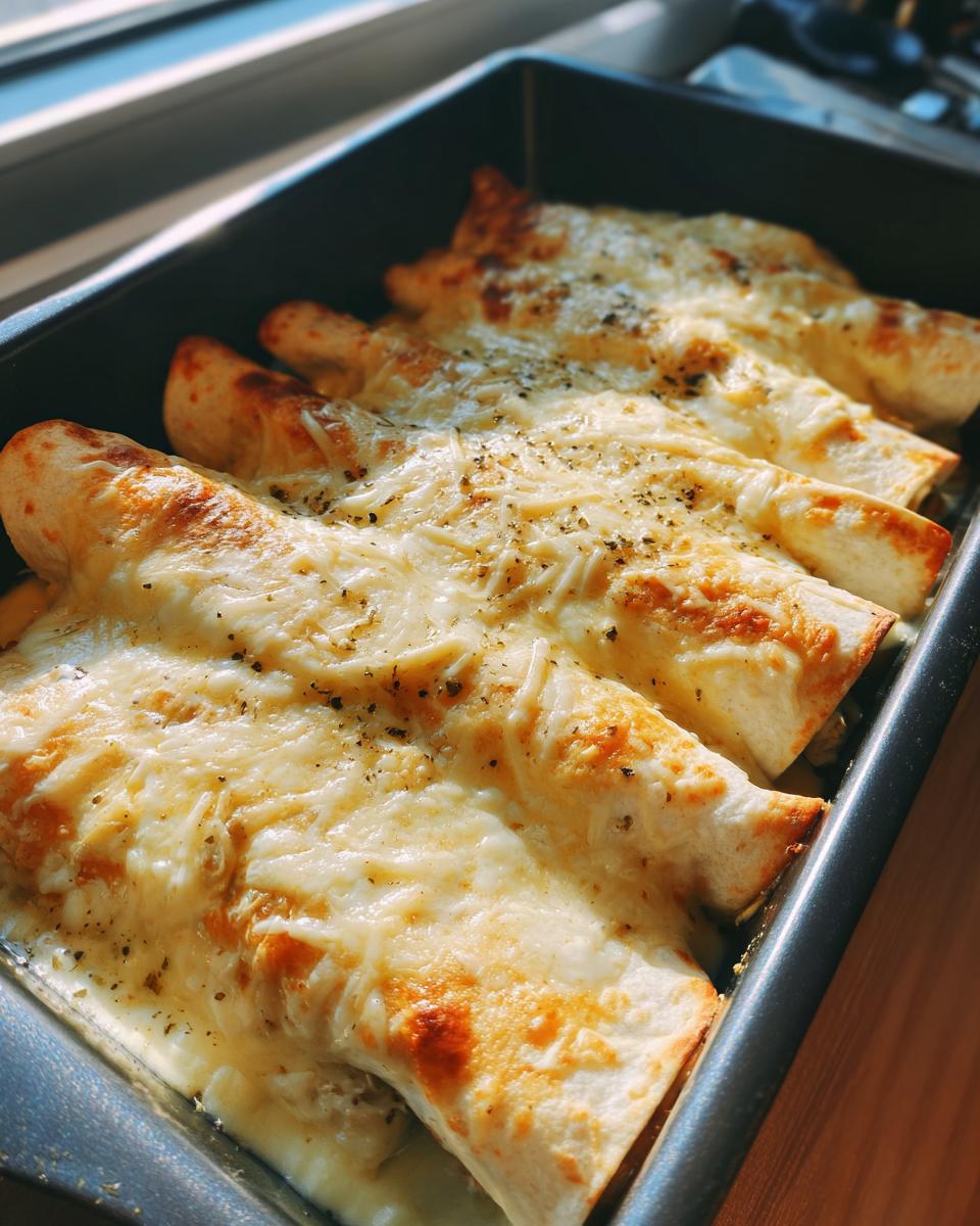 Close-up of golden-brown queso chicken enchiladas baked in a black dish, topped with melted cheese and herbs.