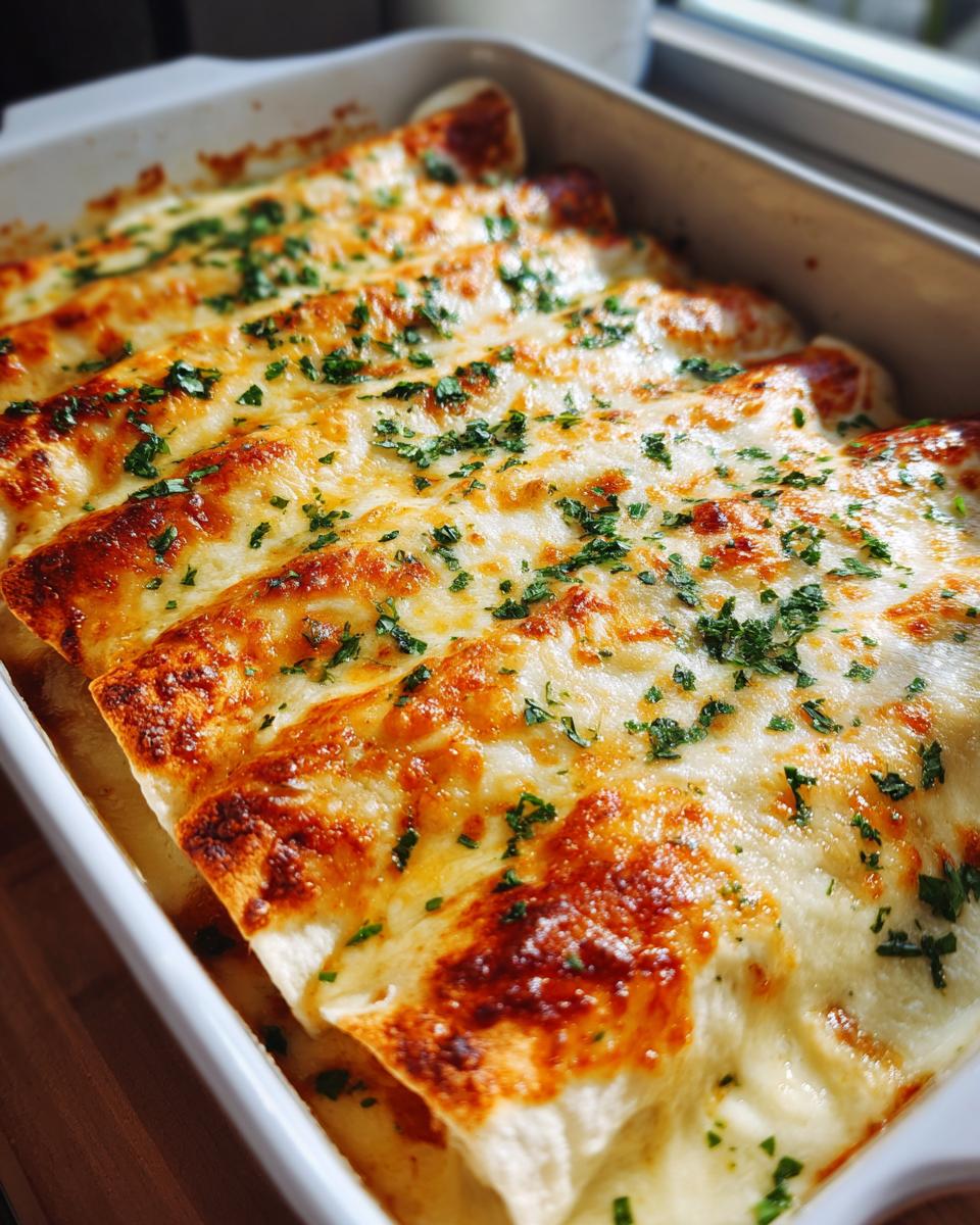 Close-up of golden-brown queso chicken enchiladas baked in a white dish, sprinkled with fresh parsley.