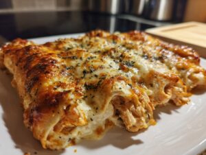 Close-up of baked Queso chicken enchiladas covered in melted cheese and sprinkled with herbs.