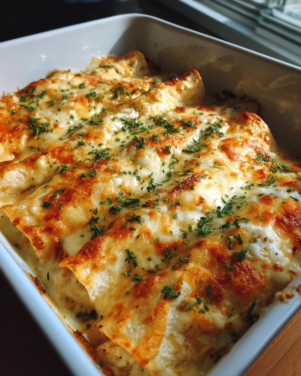 Close-up of baked Queso chicken enchiladas in a white baking dish, topped with melted cheese and parsley.