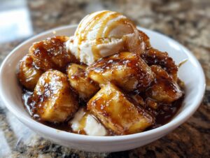 Close-up of rich, caramelized bananas foster topped with a scoop of vanilla ice cream in a white bowl.
