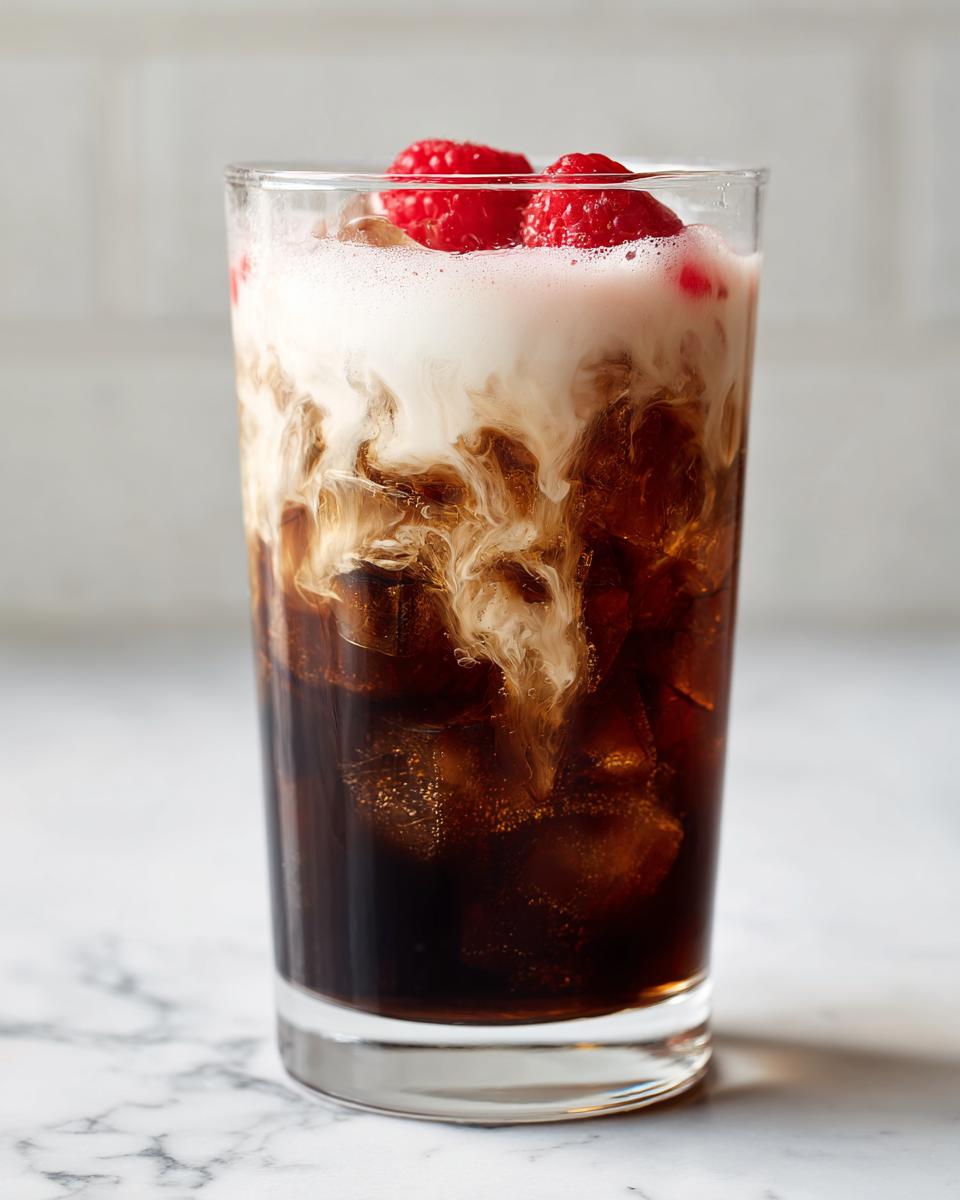 A tall glass of dirty soda with ice, dark cola, creamy creamer, and topped with fresh raspberries.