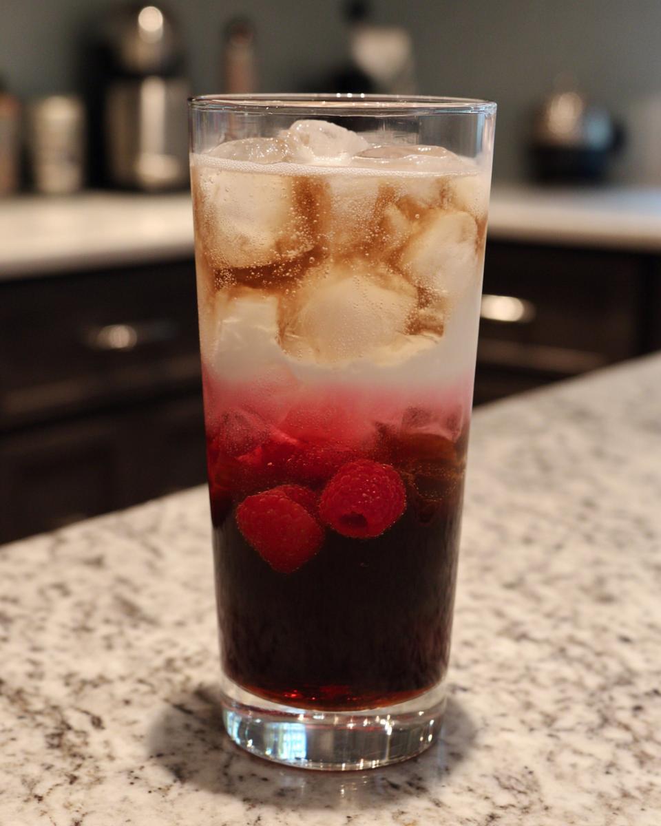 A tall glass filled with a layered dirty soda, featuring raspberries at the bottom and ice cubes throughout.