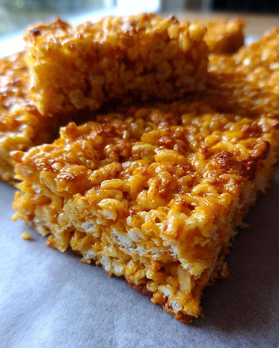 Close-up of baked Rice Krispie cheddar crackers, showing the crispy texture and golden-brown color.