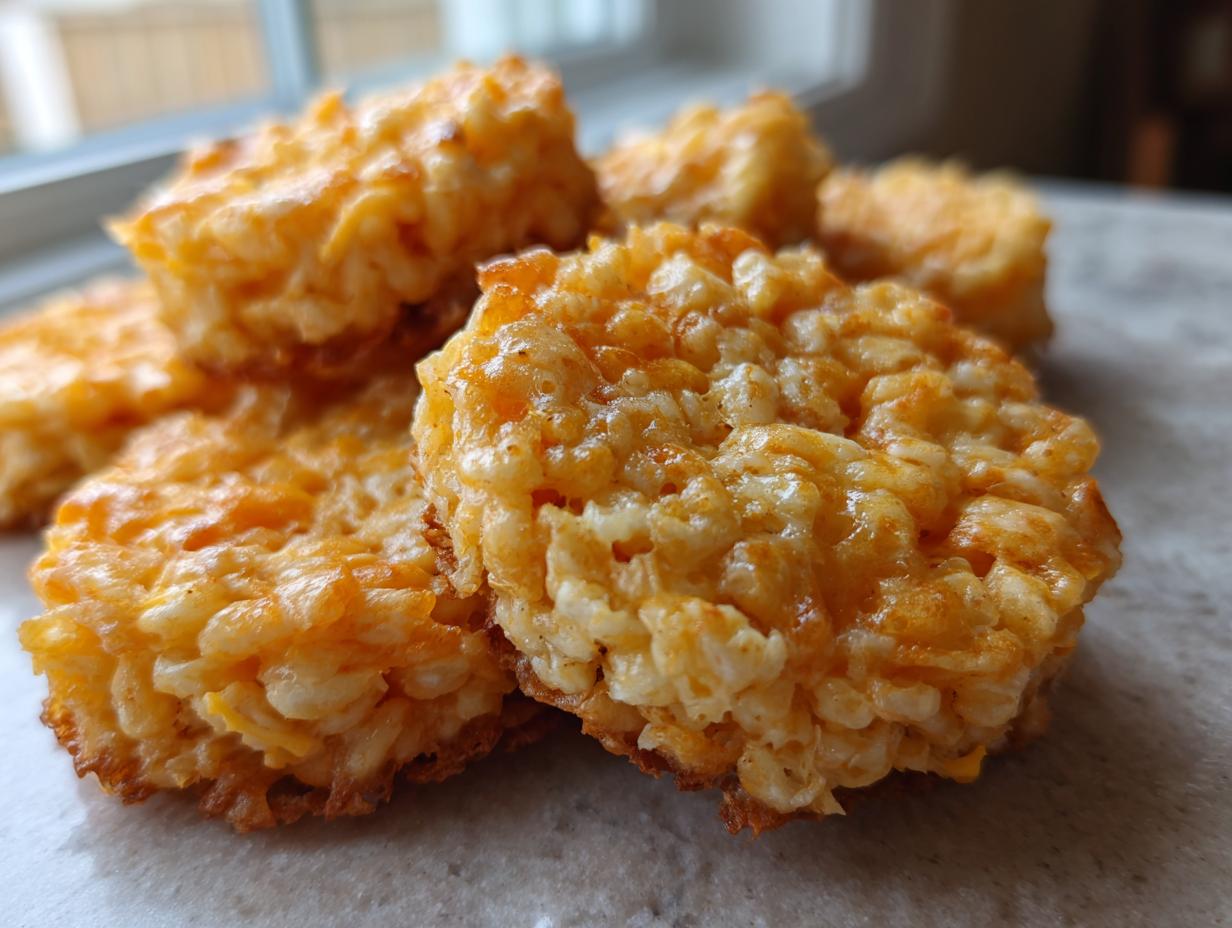 Close-up of golden brown Rice Krispie Cheddar Crackers, showing the texture of puffed rice and melted cheddar cheese.
