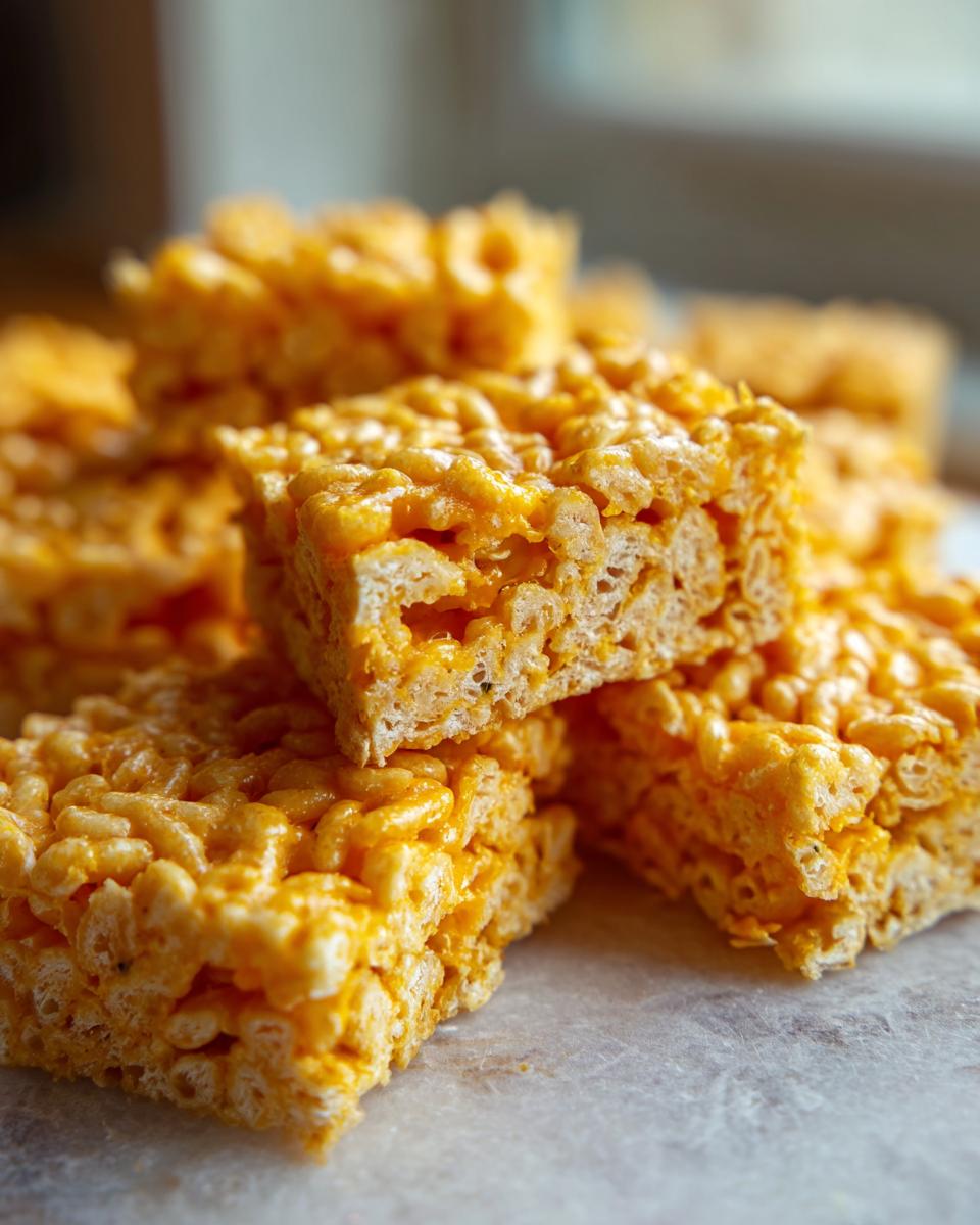 A close-up of a stack of golden Rice Krispie Cheddar Crackers, showing their crispy texture and cheesy coating.