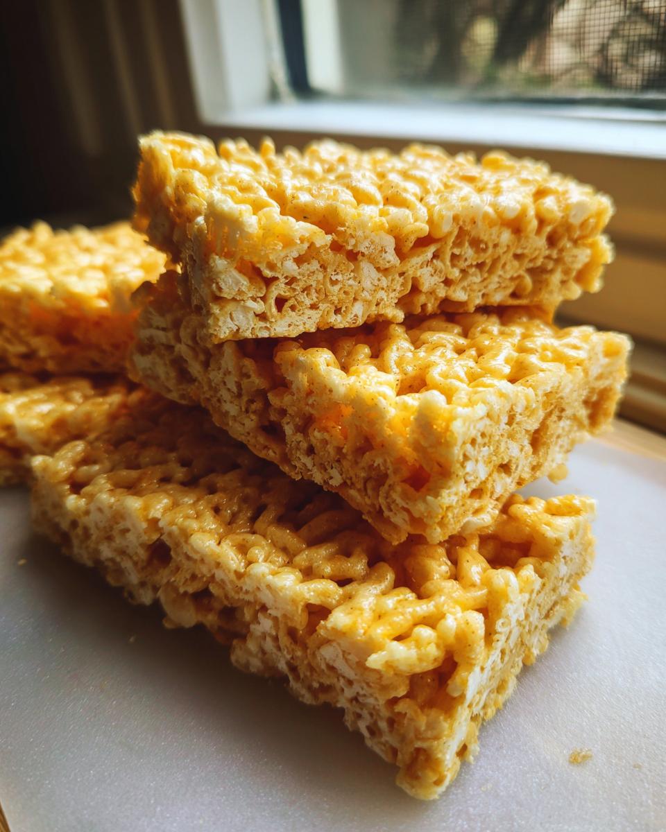 A stack of golden Rice Krispie Cheddar Crackers, showing their crispy texture and cheesy appearance.