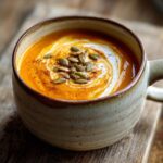 A close-up of a bowl of creamy roasted pumpkin soup, topped with a swirl of cream, pumpkin seeds, and a sprinkle of paprika.