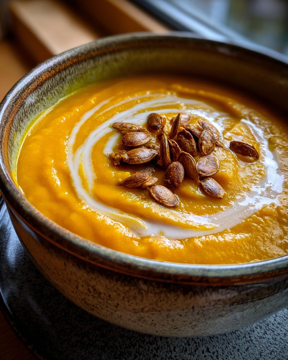 A close-up of a bowl of vibrant orange roasted pumpkin soup, swirled with cream and topped with toasted pumpkin seeds.