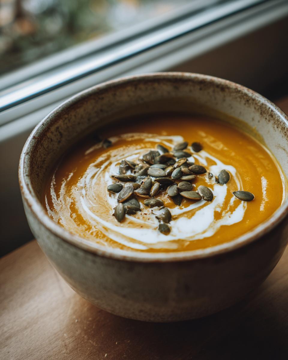 A close-up of a bowl of creamy roasted pumpkin soup, topped with swirls of cream and toasted pumpkin seeds.