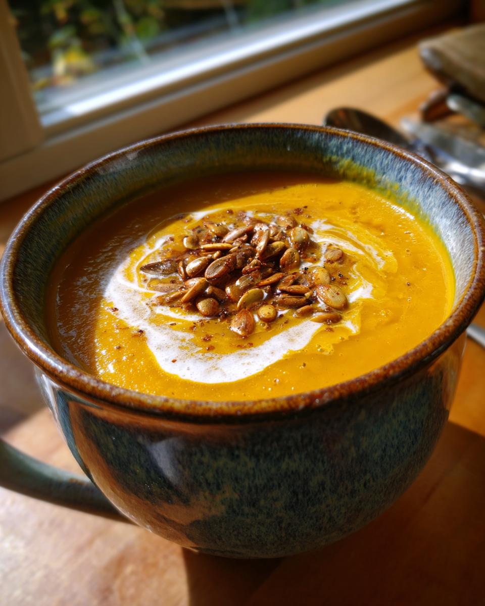 A close-up of a rustic bowl filled with vibrant roasted pumpkin soup, topped with cream and toasted pumpkin seeds.