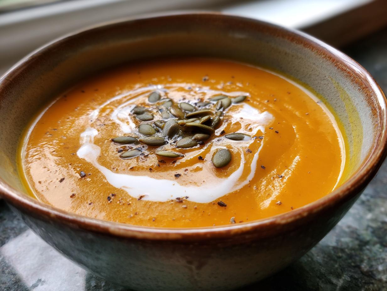 A close-up of a bowl of vibrant orange roasted pumpkin soup, swirled with cream and topped with pumpkin seeds and black pepper.