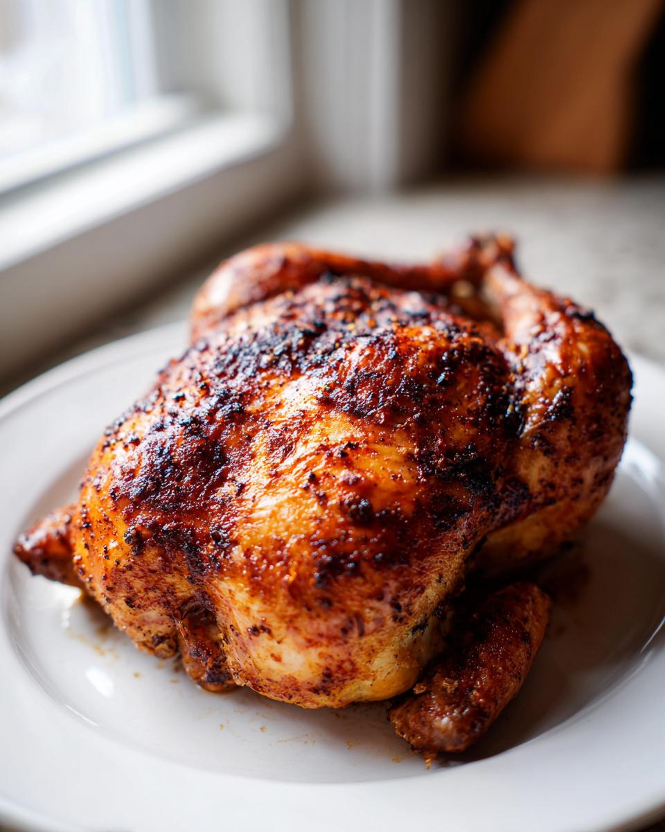 A whole, beautifully roasted spatchcock chicken with crispy, dark golden-brown skin resting on a white plate.