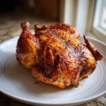 A whole roasted spatchcock chicken with crispy, browned skin resting on a white plate.