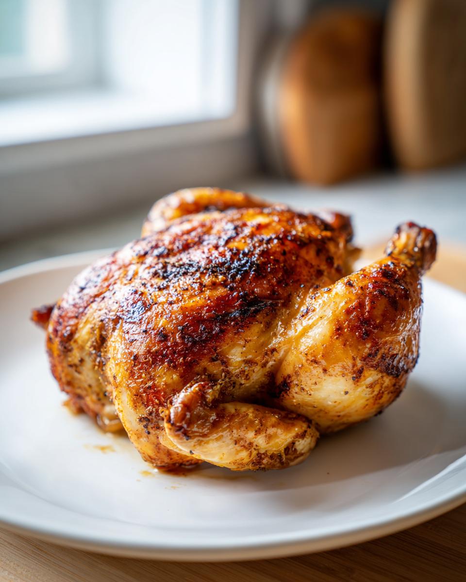A whole, perfectly roasted spatchcock chicken with crispy, browned skin resting on a white plate.