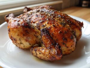 A whole roasted spatchcock chicken with deeply browned, herb-crusted skin resting on a white plate.