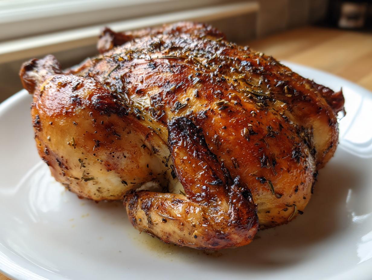 A whole roasted spatchcock chicken with deeply browned, herb-crusted skin resting on a white plate.