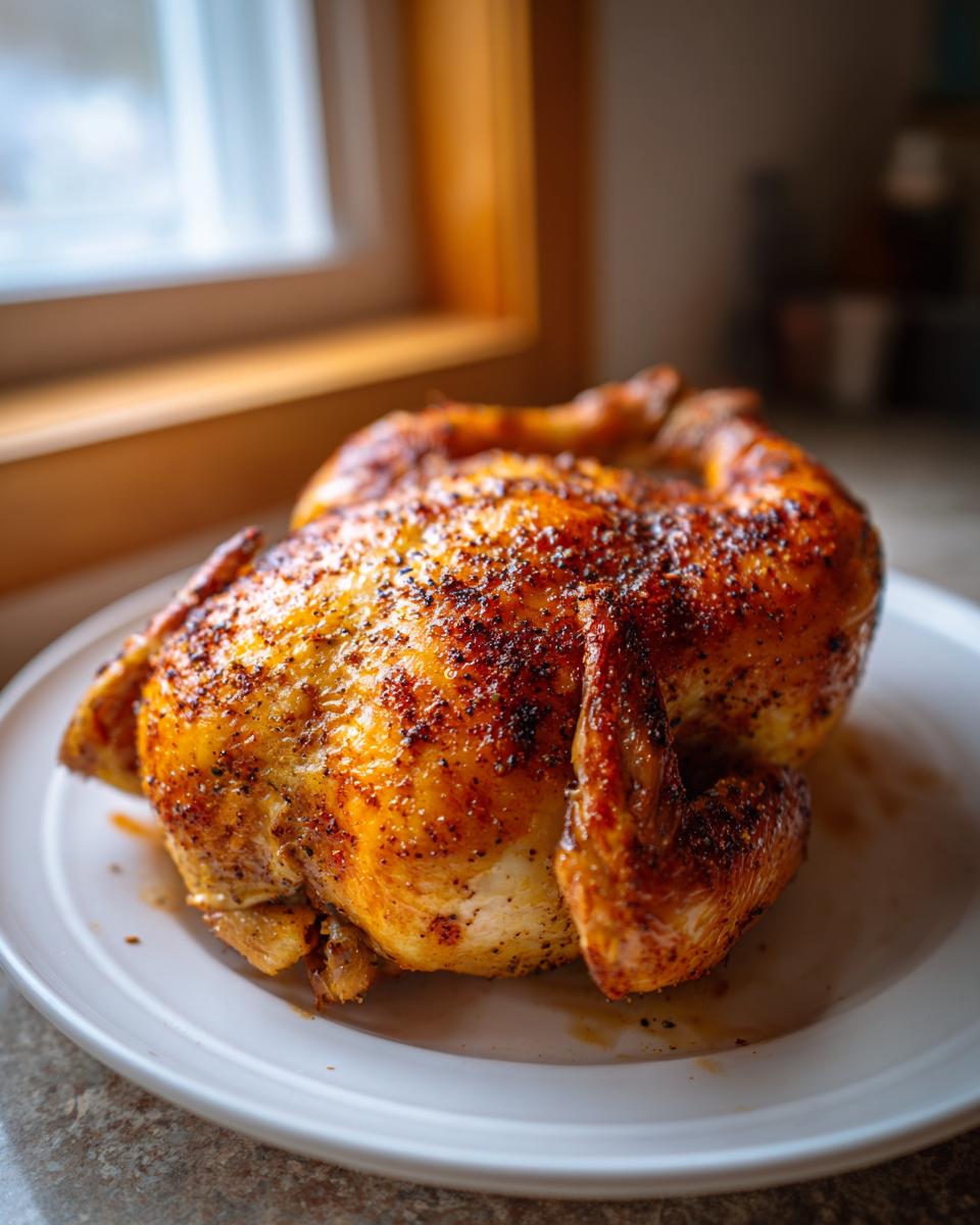 A golden brown, perfectly roasted spatchcock chicken resting on a white plate near a window.