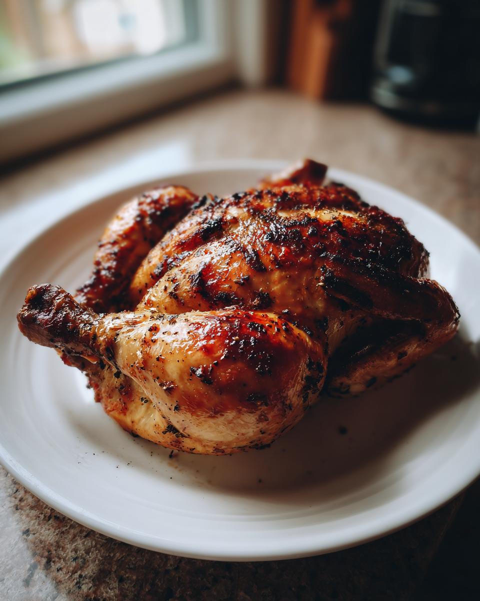 A whole roasted spatchcock chicken with crispy, browned skin resting on a white plate.