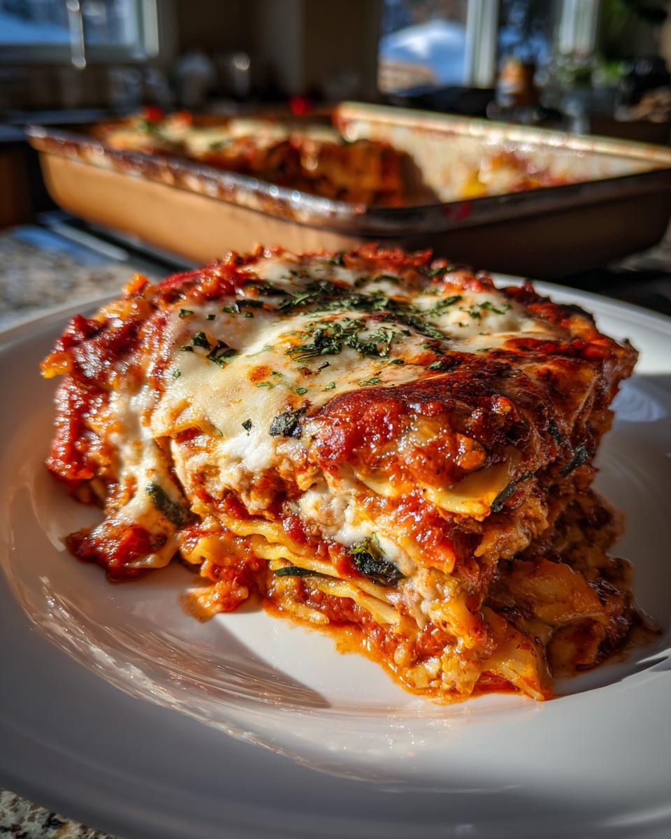 A generous slice of roasted vegetable lasagna on a white plate, showing layers of pasta, sauce, cheese, and vegetables.