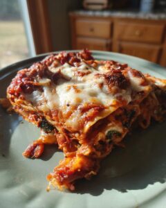 A close-up of a hearty slice of roasted vegetable lasagna, with melted cheese and rich tomato sauce.
