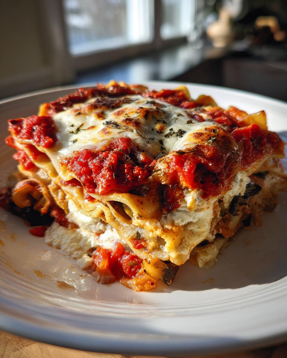 A delicious slice of roasted vegetable lasagna with layers of pasta, cheese, and marinara sauce.