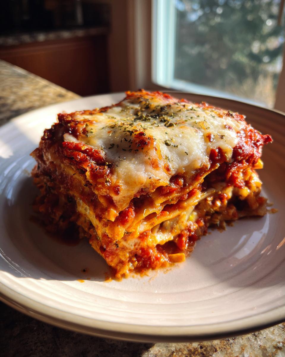 A slice of hearty roasted vegetable lasagna, topped with melted cheese and herbs, on a plate.