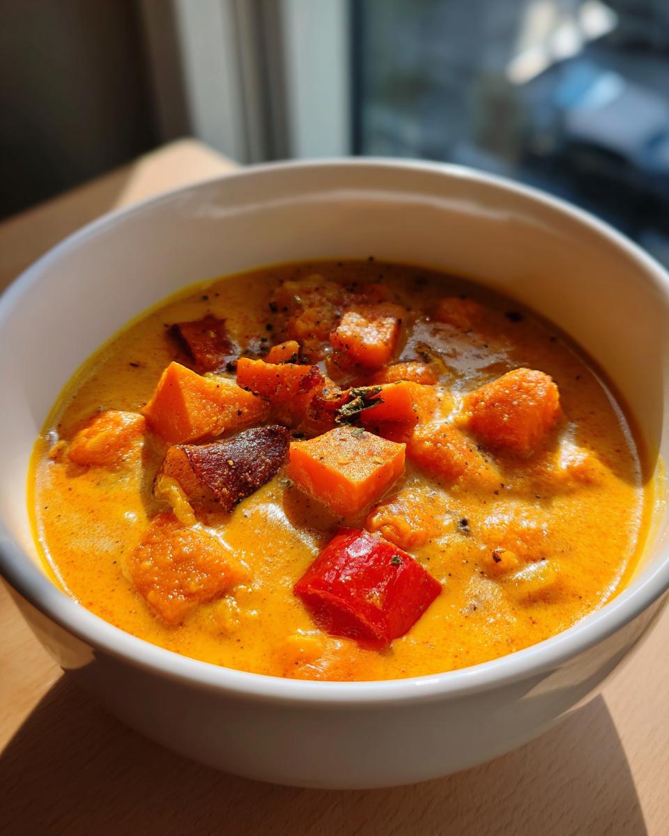 A close-up of a white bowl filled with vibrant roasted vegetable soup, featuring chunks of sweet potato and red pepper.