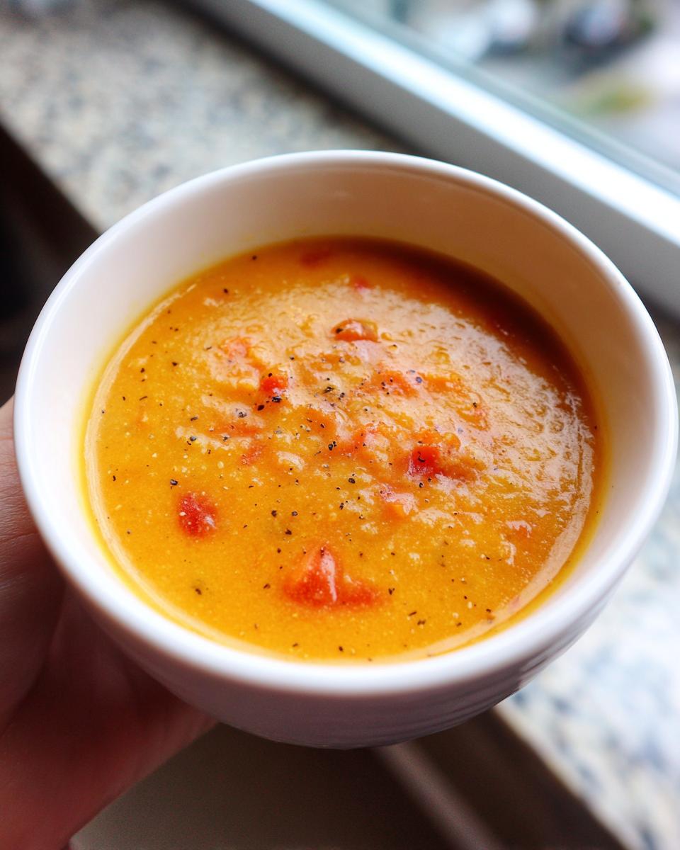 A close-up of a white bowl filled with vibrant orange roasted vegetable soup, seasoned with black pepper.