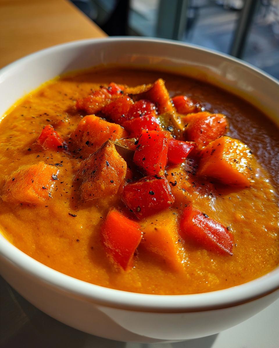 A close-up of a white bowl filled with vibrant orange roasted vegetable soup, topped with diced red peppers and black pepper.