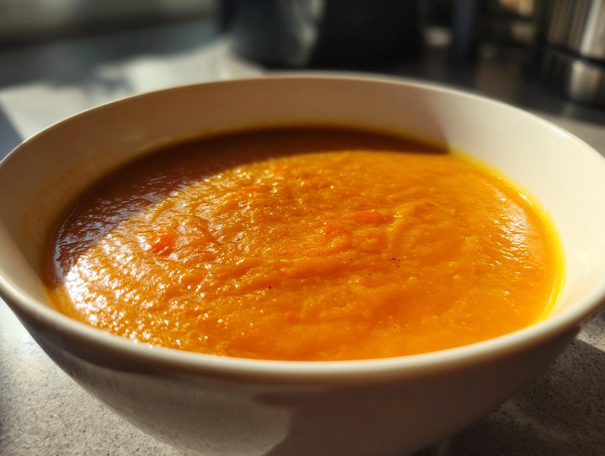 A close-up shot of a white bowl filled with vibrant orange roasted vegetable soup.