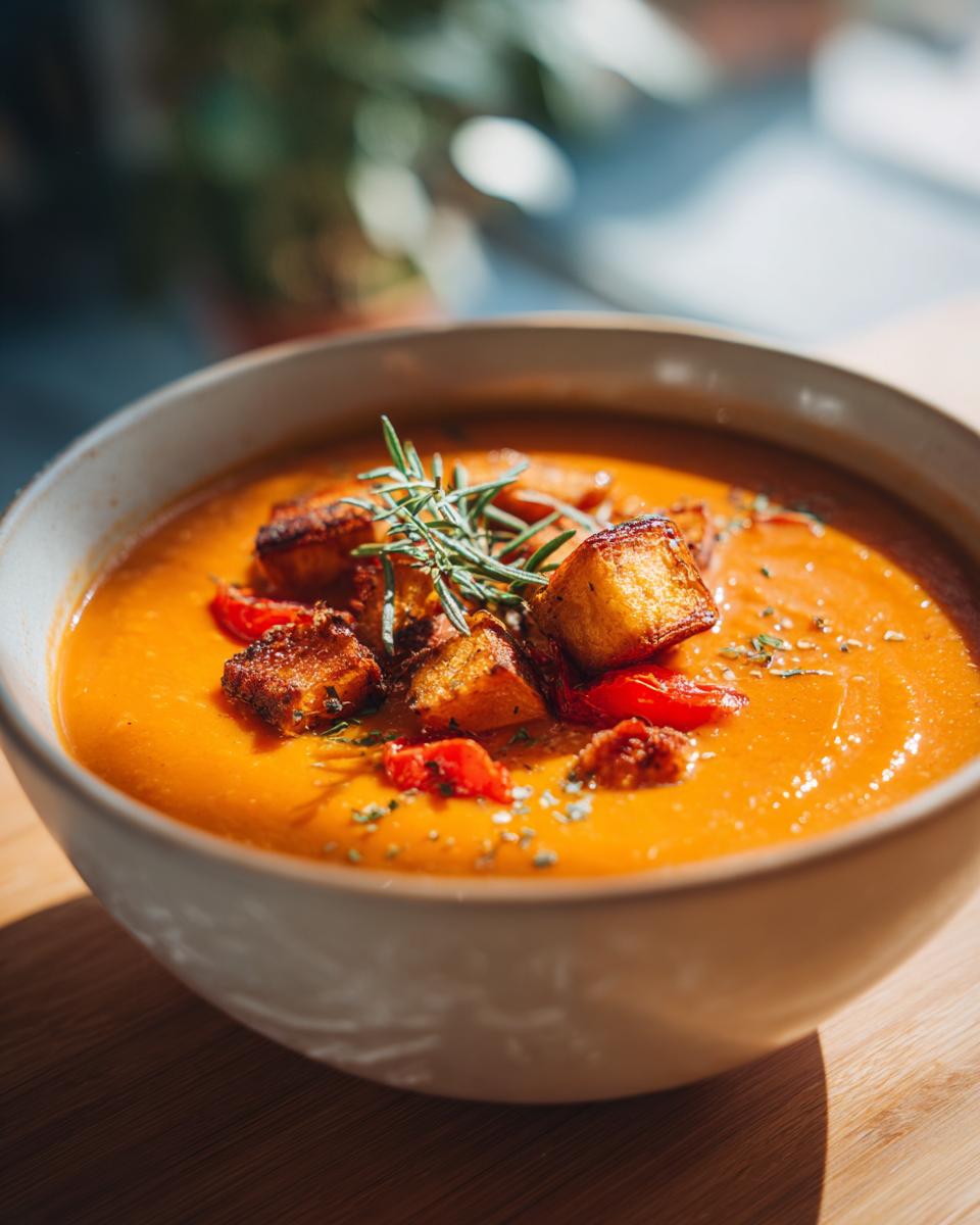 A close-up of a bowl of vibrant orange roasted vegetable soup topped with golden croutons and fresh rosemary.