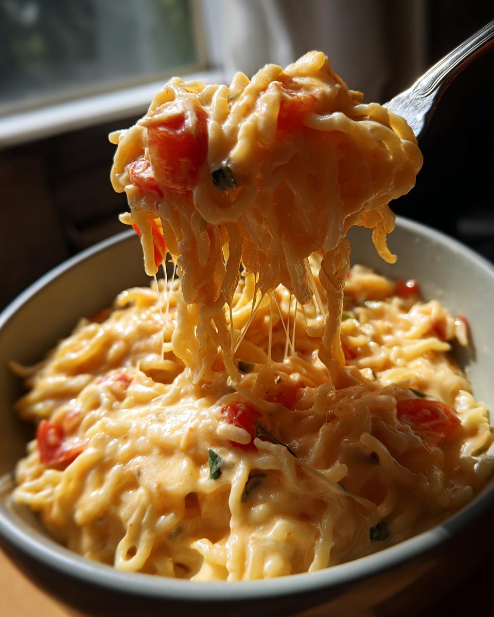 A fork lifts a generous portion of cheesy Rotel pasta with visible tomatoes and herbs from a bowl.
