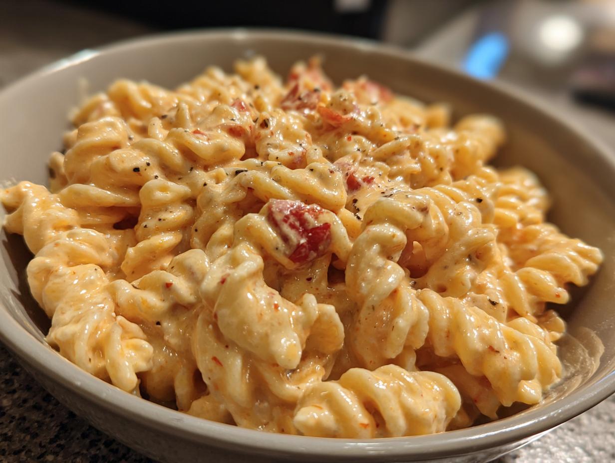 Close-up of creamy Rotel pasta with rotini noodles coated in a rich cheese sauce and diced tomatoes.