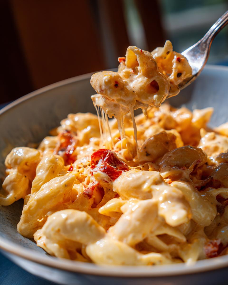 A fork lifting a portion of creamy Rotel pasta, with melted cheese strings stretching from the bowl.