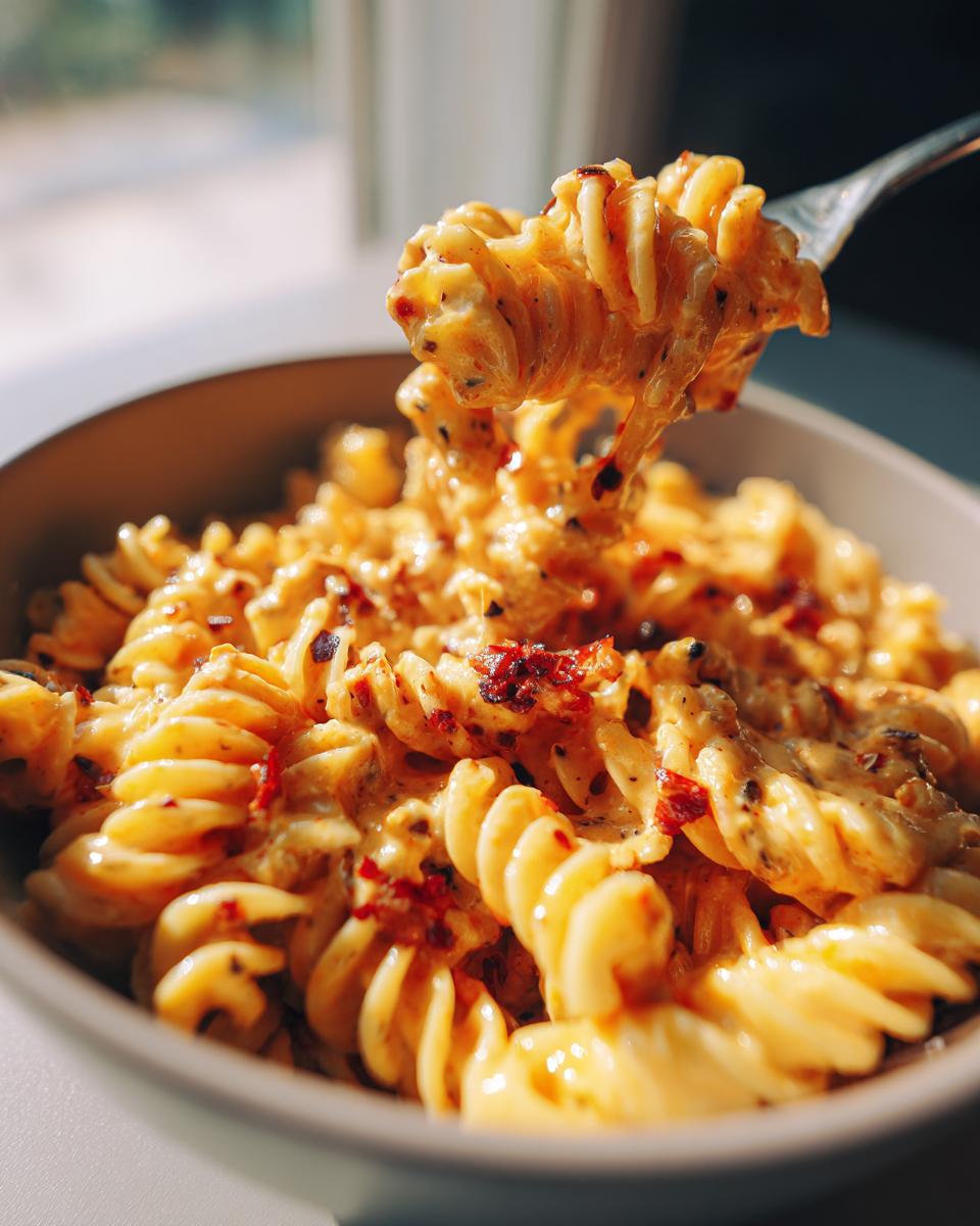 A fork lifting a swirl of creamy Rotel pasta with visible chili flakes and bits of meat.