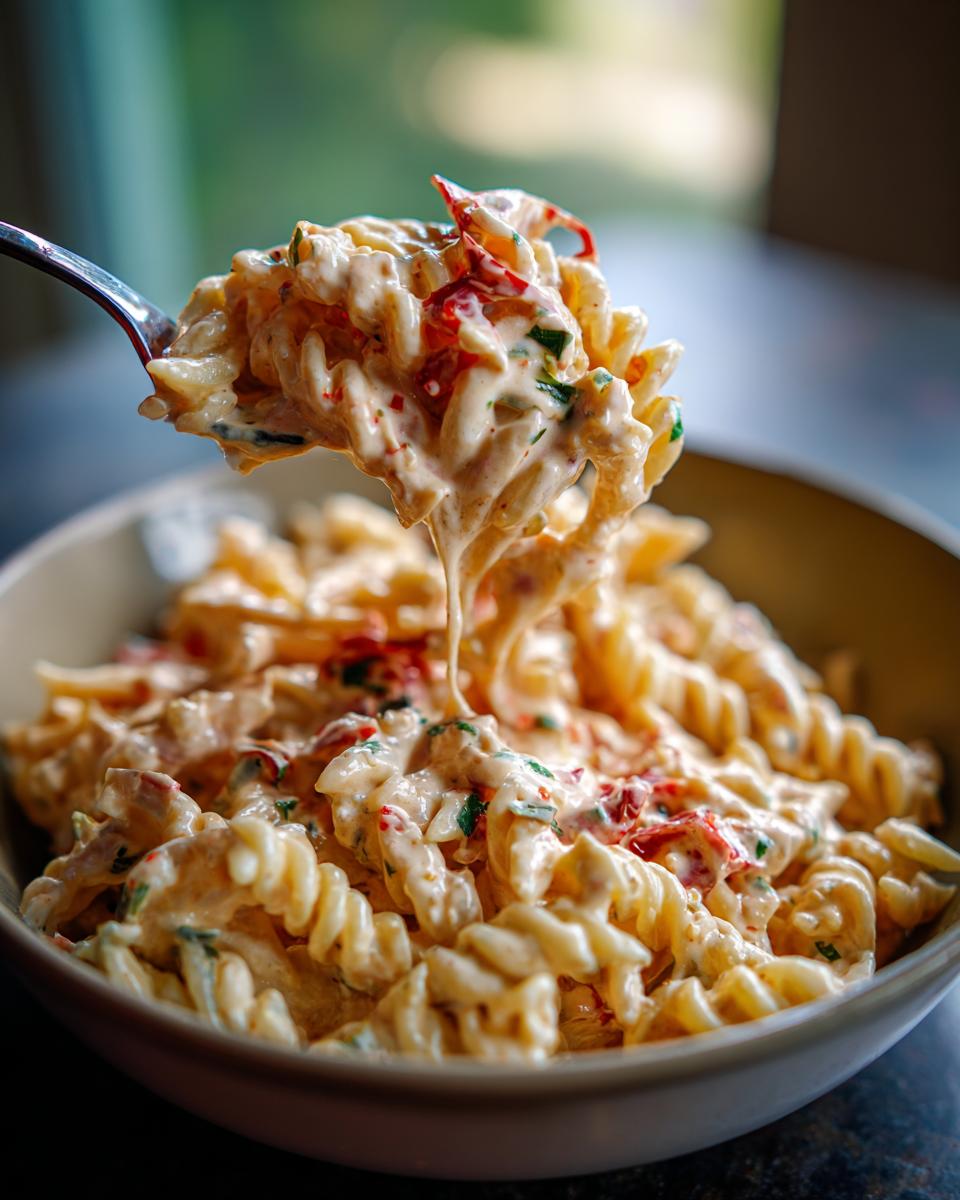 A fork lifting a swirl of creamy Rotel pasta with fusilli noodles, showing chunks of tomatoes and herbs.