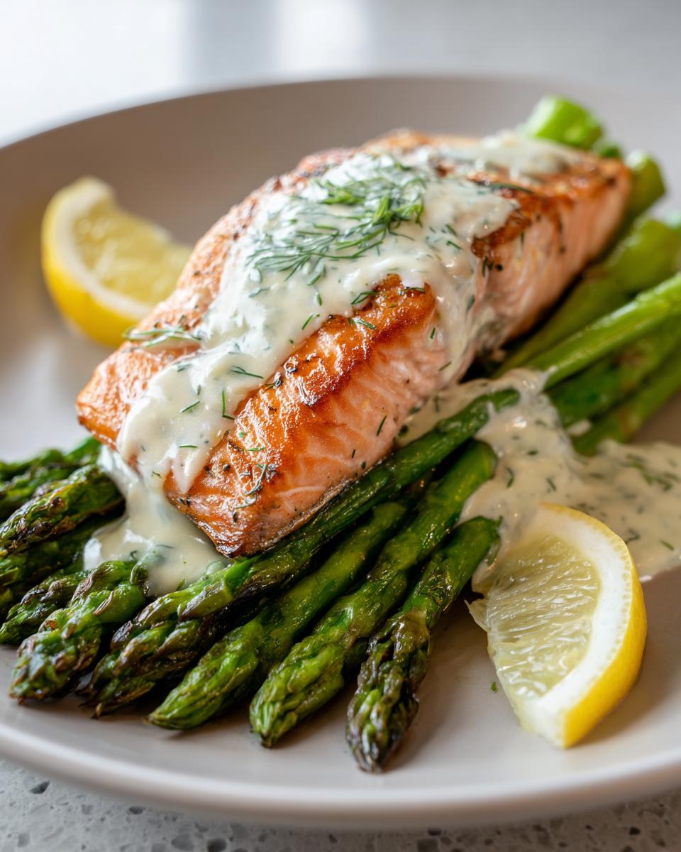 A perfectly cooked salmon fillet served over asparagus with a creamy dill sauce and lemon wedges, an ideal anti-inflammatory dinner.