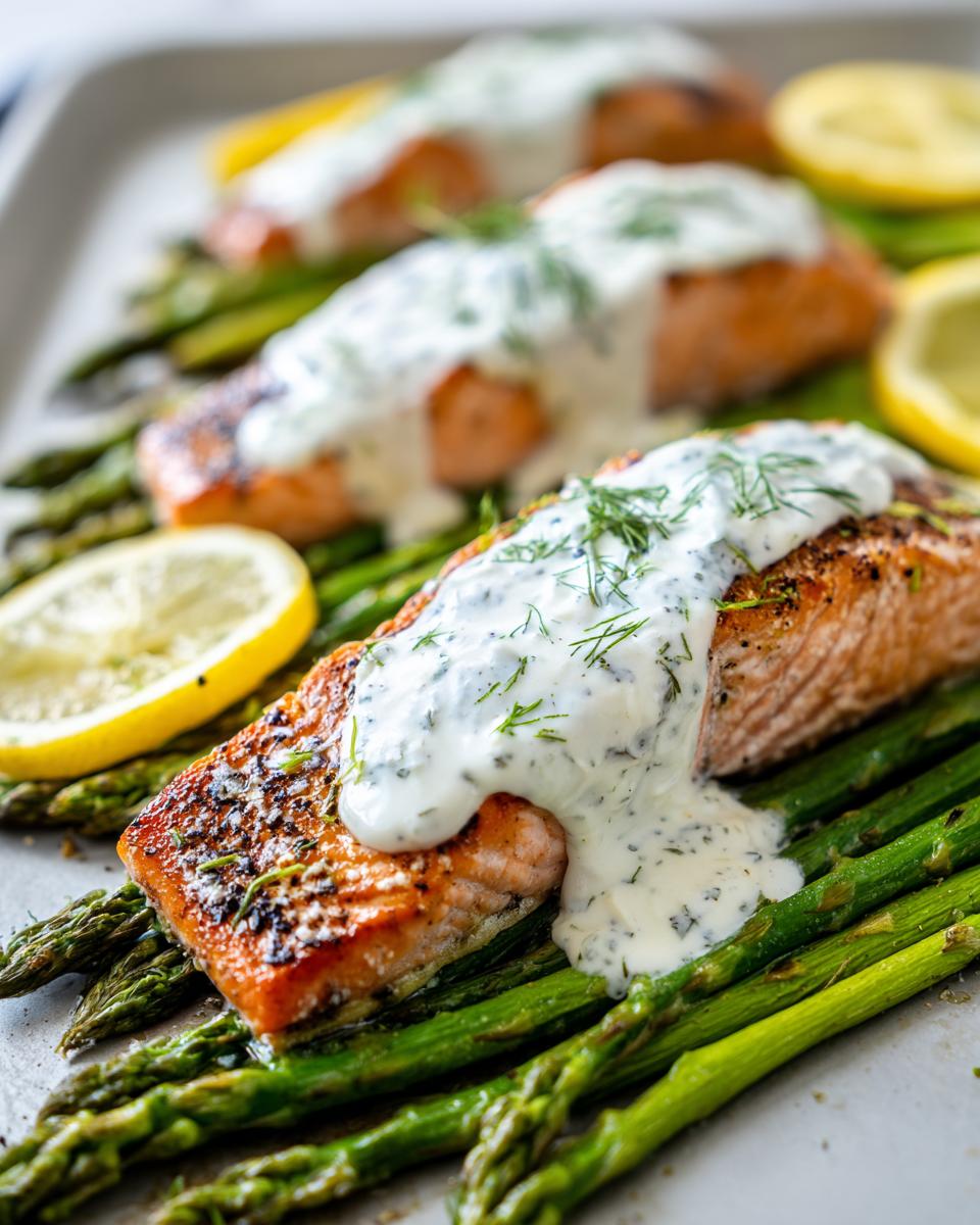 Three portions of salmon with creamy dill sauce served over asparagus, a perfect anti-inflammatory dinner.