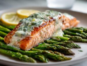 A perfectly cooked salmon fillet topped with creamy dill sauce, served over a bed of roasted asparagus, ideal for anti-inflammatory dinners.