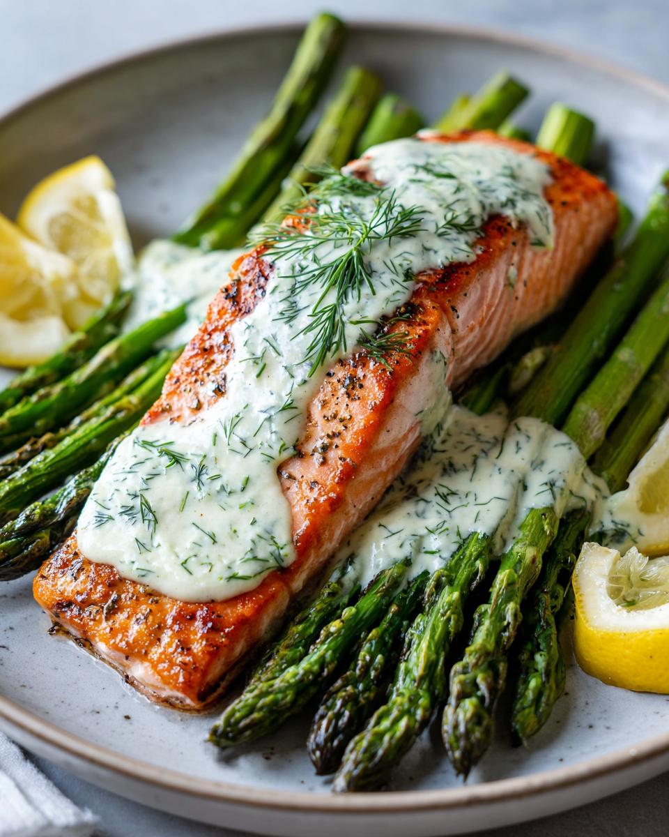 A perfectly cooked salmon fillet served with roasted asparagus and a creamy dill sauce, a healthy anti-inflammatory dinner.