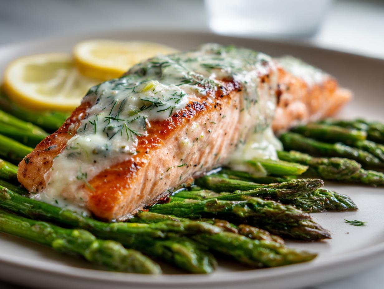 A perfectly cooked salmon fillet topped with creamy dill sauce, served over a bed of roasted asparagus, ideal for anti-inflammatory dinners.