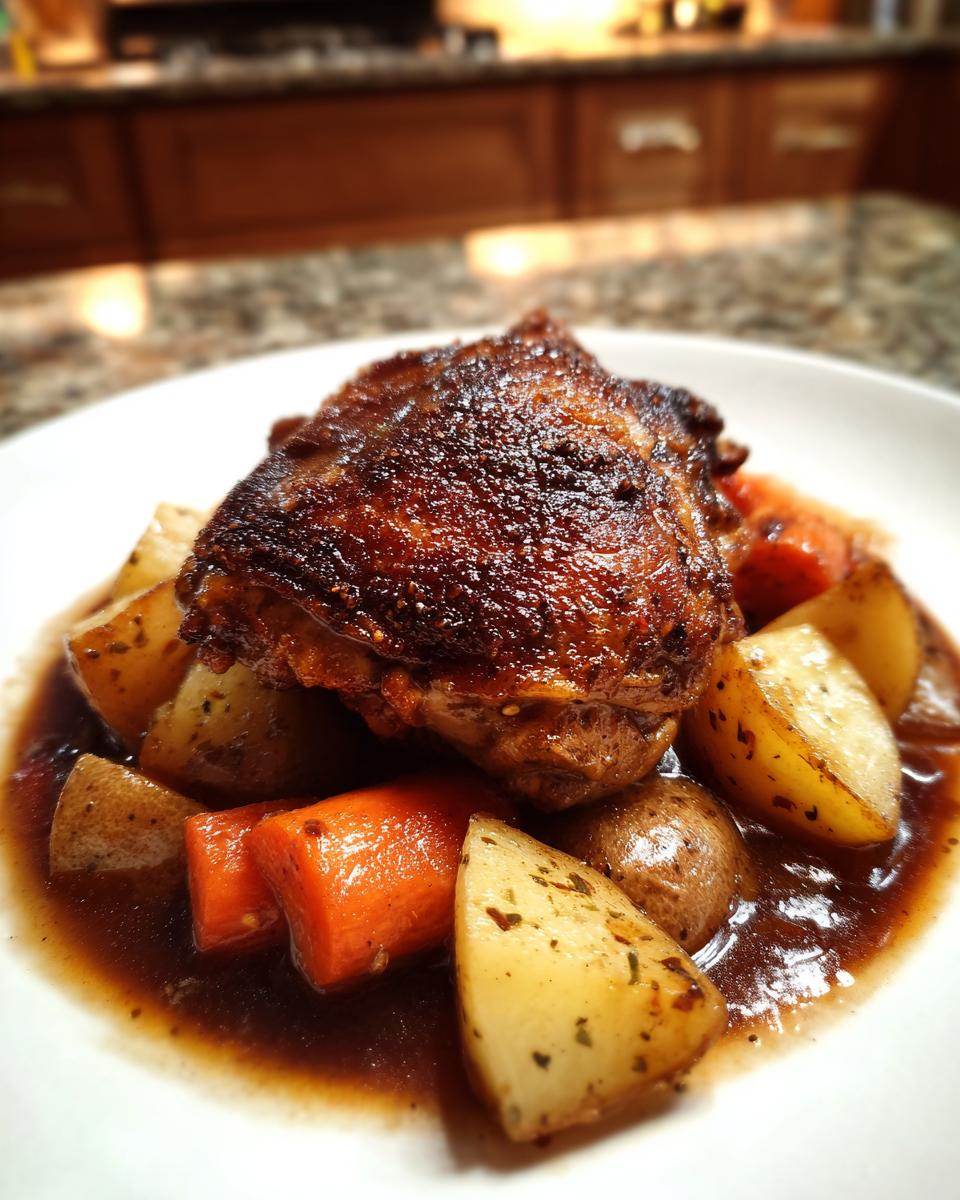 A perfectly seared braised chicken thigh served over potatoes and carrots in a rich brown sauce.