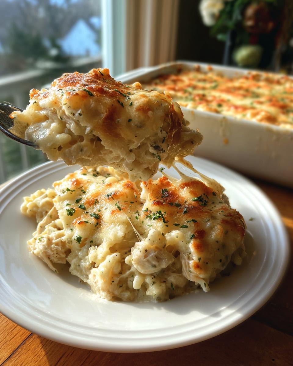 A spoonful of cheesy angel chicken rice casserole being lifted, showing melted cheese strings over a portion on a white plate.