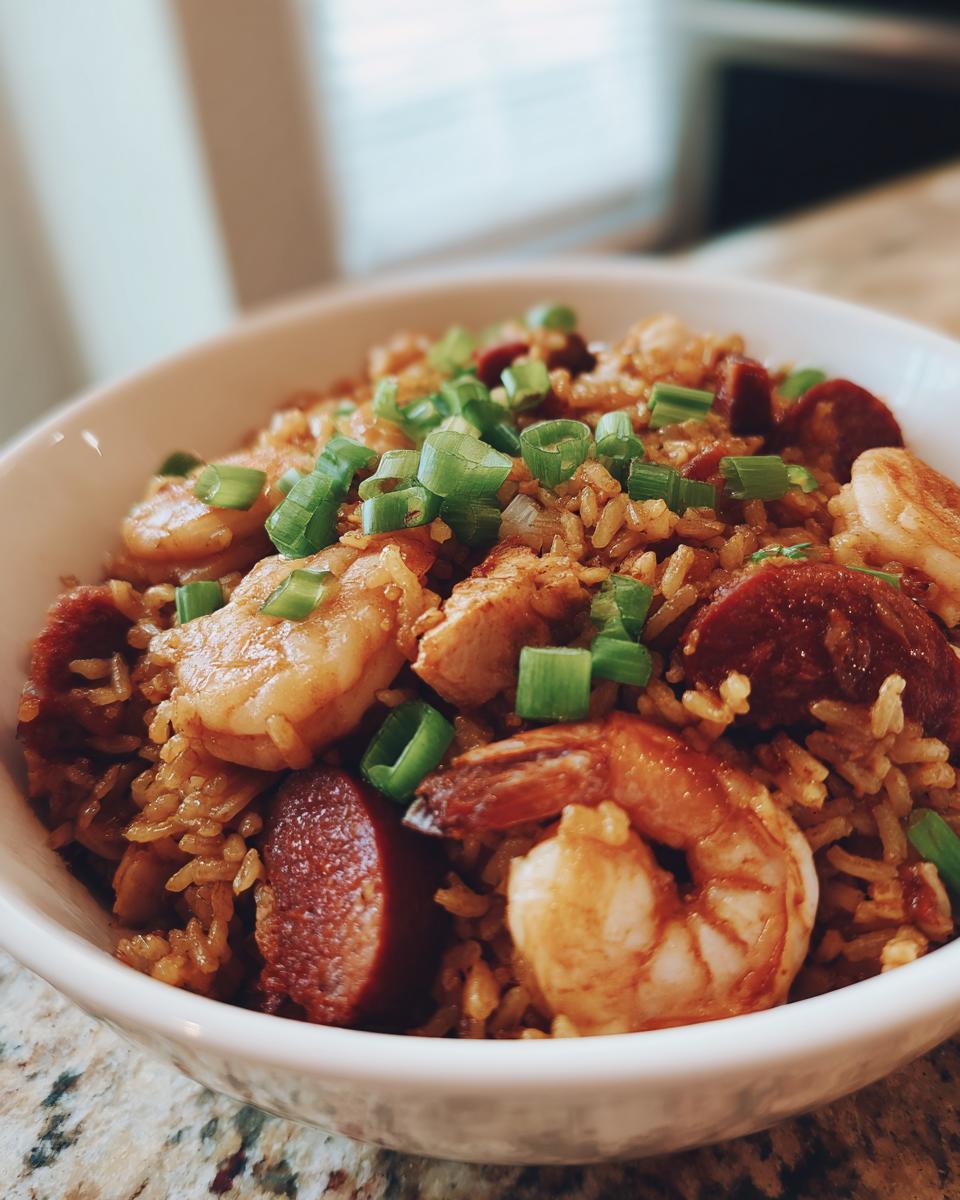 Close-up of a bowl of flavorful jambalaya featuring shrimp, sliced sausage, and rice, topped with green onions.