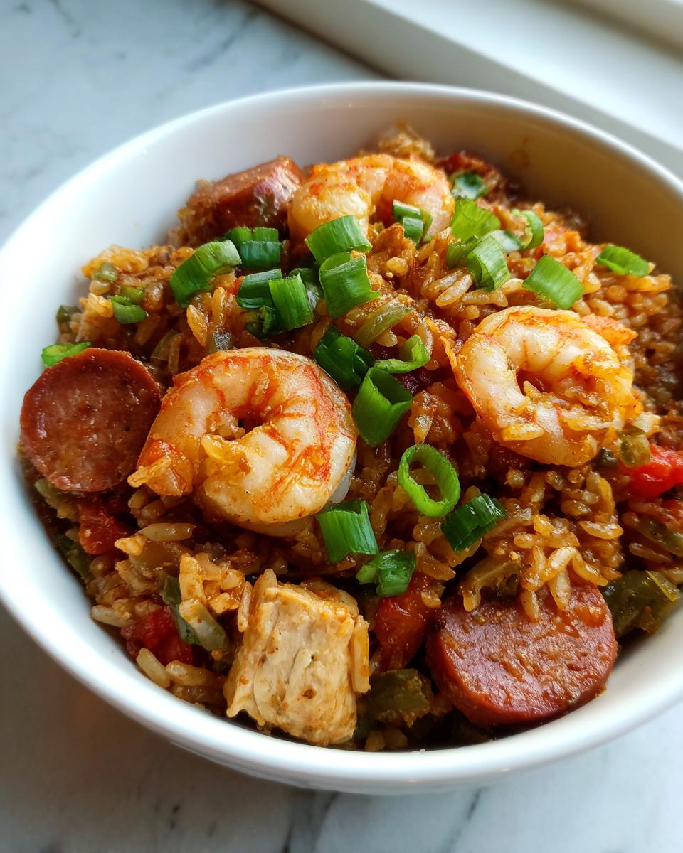 Close-up of a bowl of flavorful jambalaya featuring shrimp, andouille sausage, chicken, and green onions.